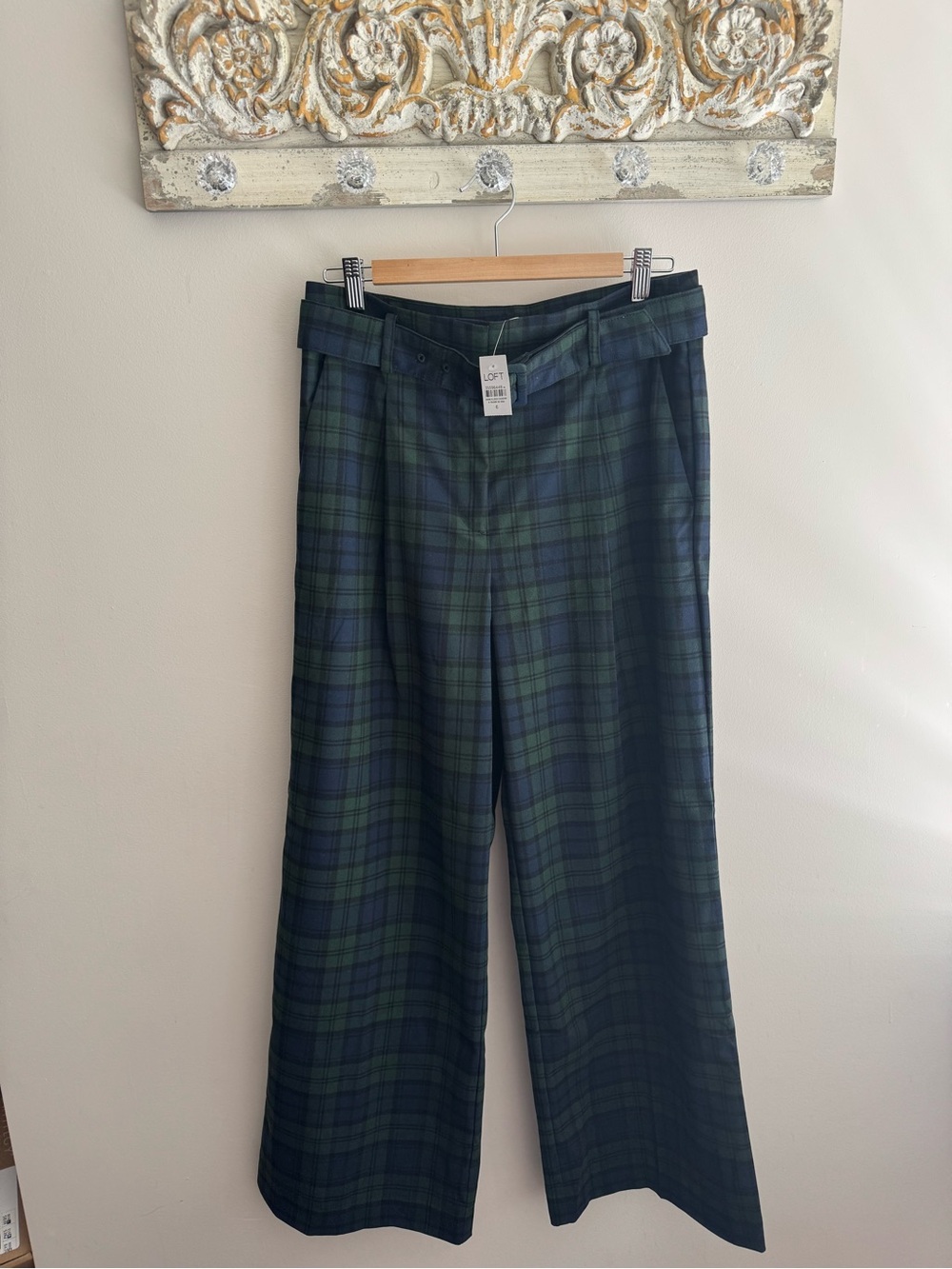 LOFT Navy & Green Plaid Wide-Leg Trousers